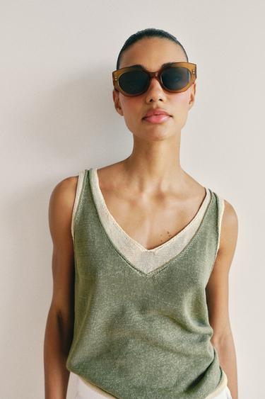 Zara COMBINATION KNIT TOP - Khaki