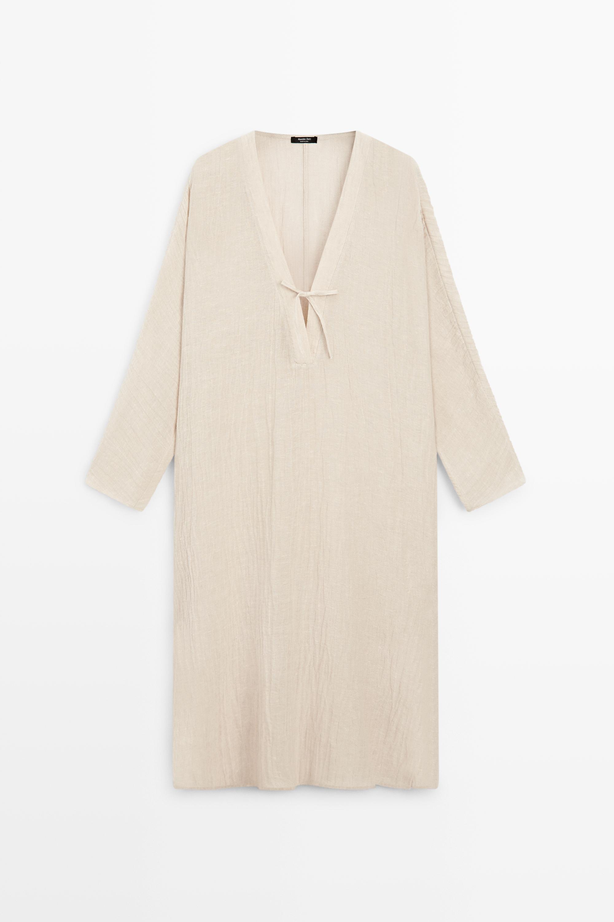 Linen blend kaftan dress with tied neckline — Oyster-white