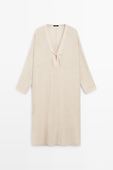 Robe tunique en lin mélangé à nouer - Blanc cassé de Zara - Image 0