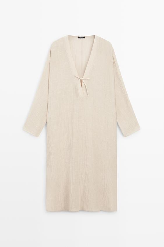 Linen blend kaftan dress with tied neckline from Zara - $200