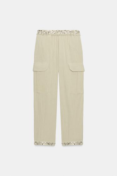 PANTALON CARGO SEQUINS ZW COLLECTION - Kaki clair de Zara - Image 5