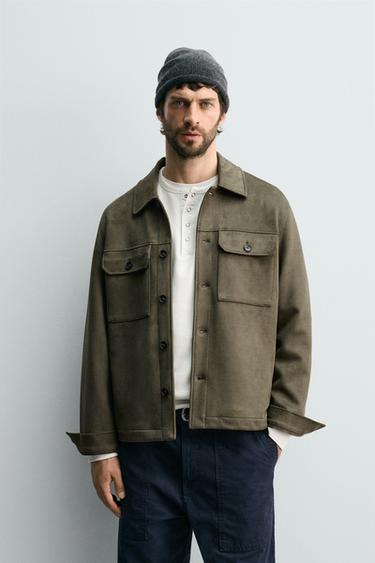 Zara FAUX SUEDE OVERSHIRT - Olive green