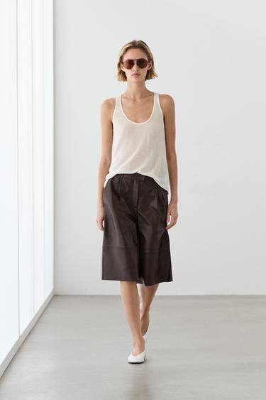 Zara Long nappa leather Bermuda shorts - Brown - Image 0