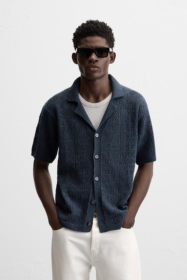 CAMISA PUNTO CALADOS - Azul de Zara