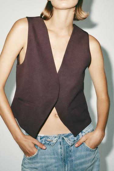 CHALECO CON LINO BOTONES - Marrón oscuro de Zara