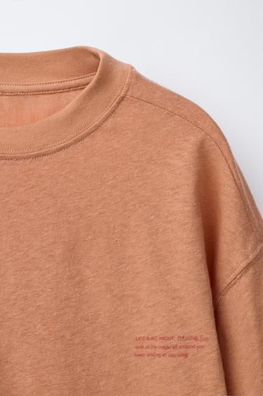 COTTON AND LINEN SLOGAN T-SHIRT - Ochre by Zara - Image 2
