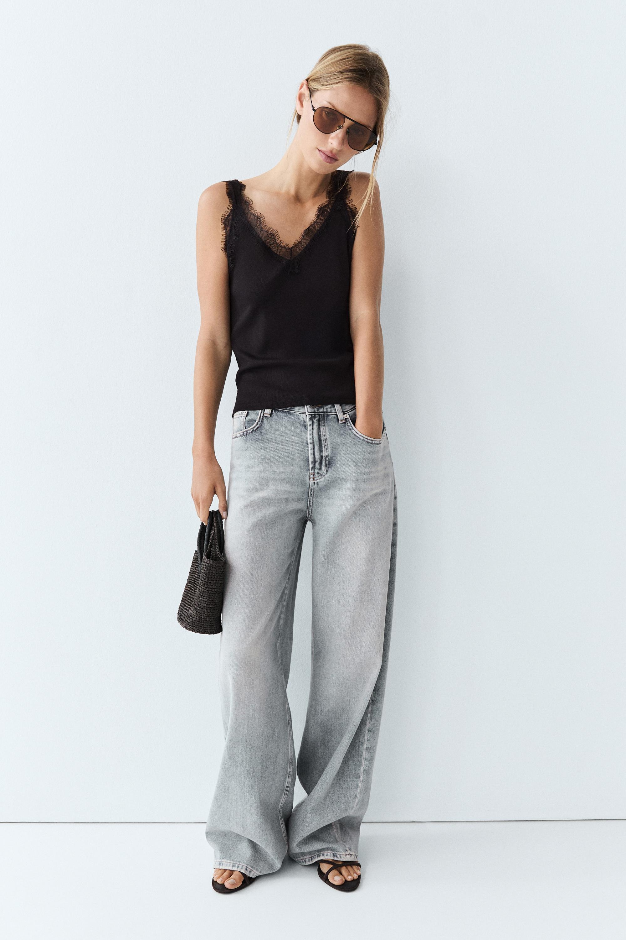 Strappy lace-trim top — Black