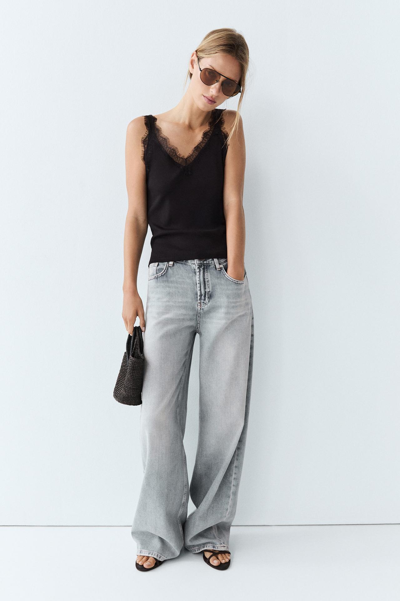 Strappy lace-trim top — Black
