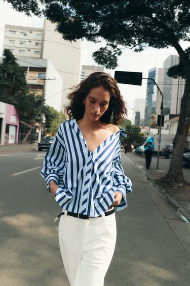 Zara STRIPED PUFF SLEEVE SHIRT - Sky blue