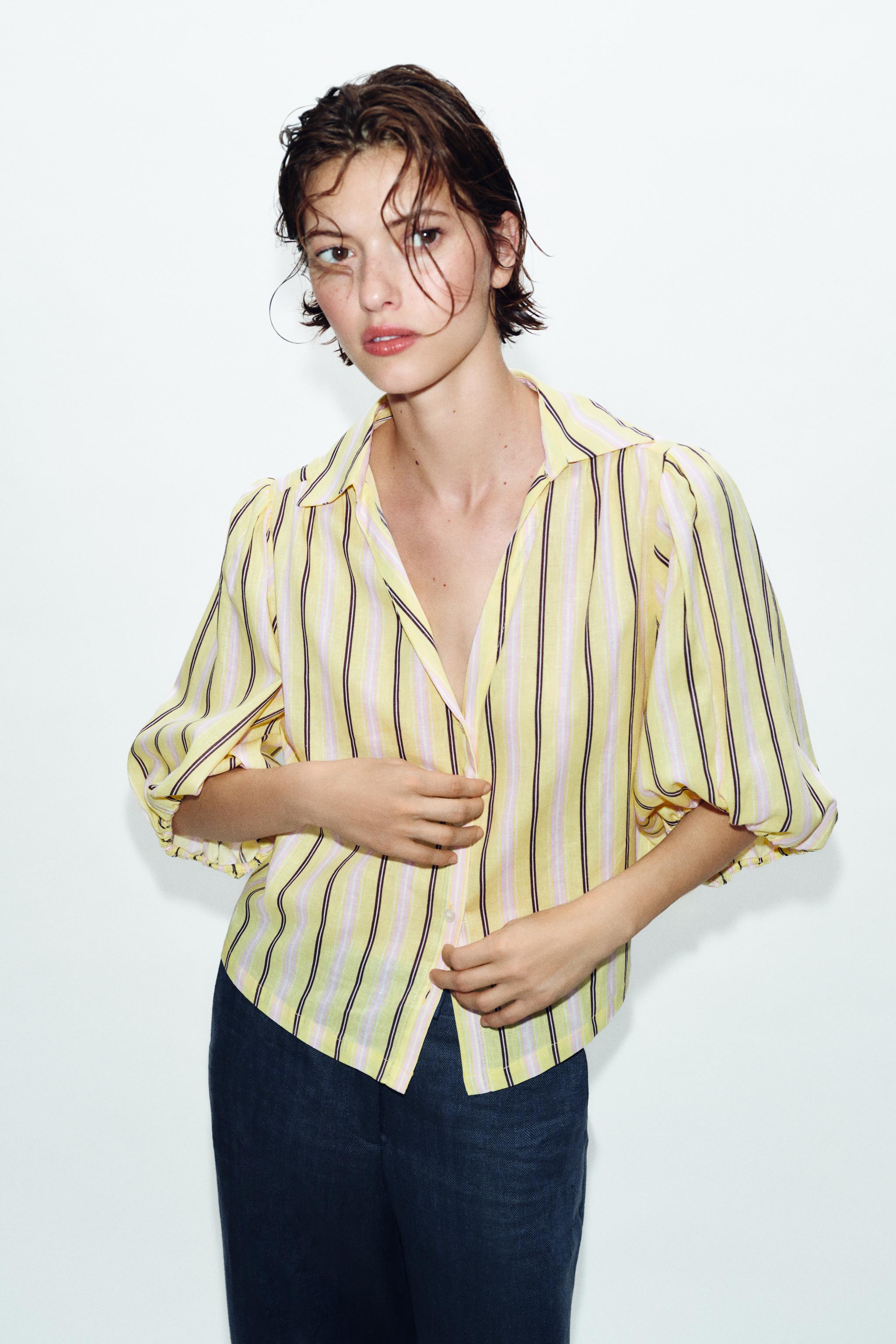 GINGHAM LINEN SHIRT - Ecru / Blue | ZARA United States