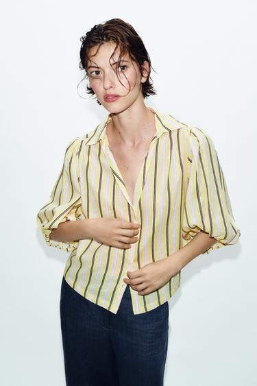 Zara LINEN BLEND PUFF SLEEVE SHIRT - Multicolored