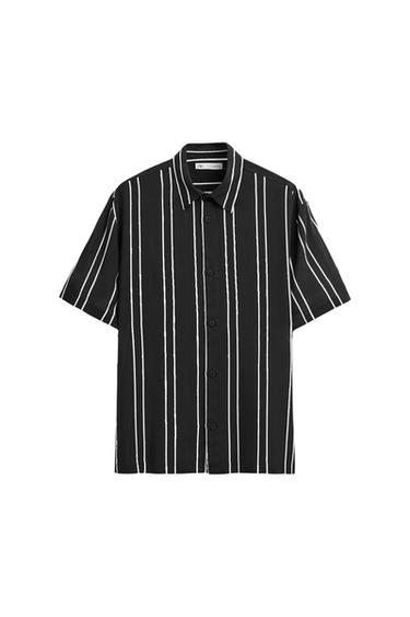 Black short-sleeve button-down shirt with white vertical stripes on a white background.