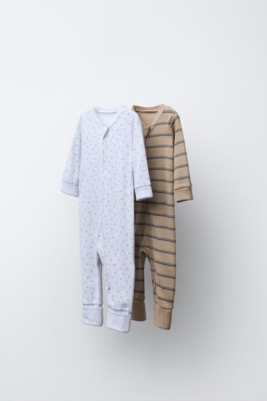 PACK DOS PIJAMAS ENTEROS FLORES Y RAYAS PIE CONVERTIBLE - Tostado de Zara