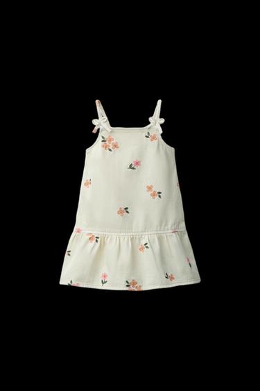 Zara EMBROIDERED FLORAL TWILL DRESS - Ecru - Image 0
