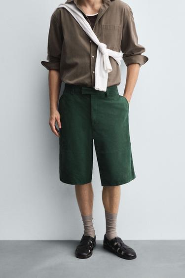 RELAXED FIT LEATHER SUEDE BERMUDA SHORTS - Green by Zara - Image 1