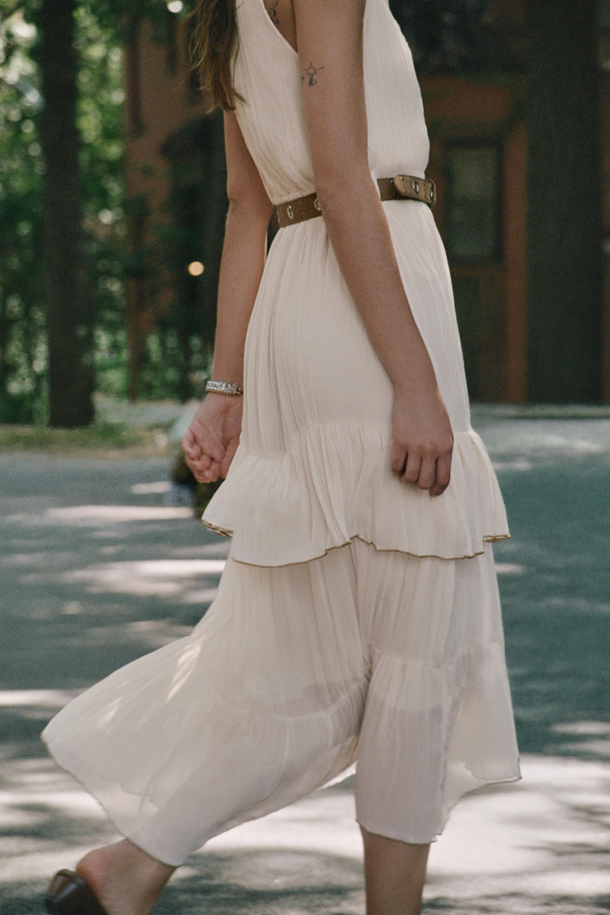 BELTED RUFFLED MIDI DRESS