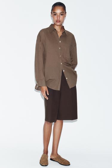 Zara OVERSIZED COTTON SHIRT - Brown