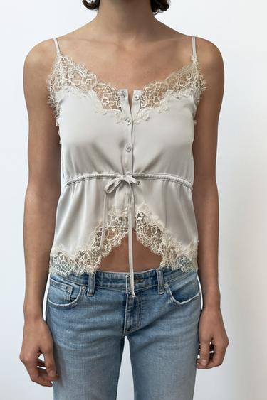 Zara SATIN EFFECT LACE TOP - Pearl gray