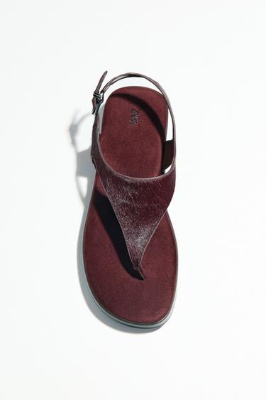 Zara STUDDED LEATHER SANDALS - Burgundy Red
