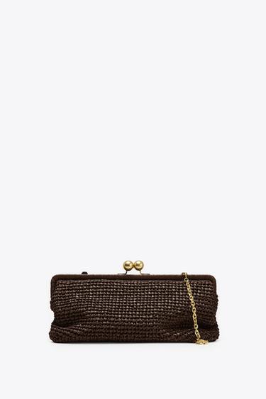 Zara METAL TRIM RAFFIA CLUTCH - Brown