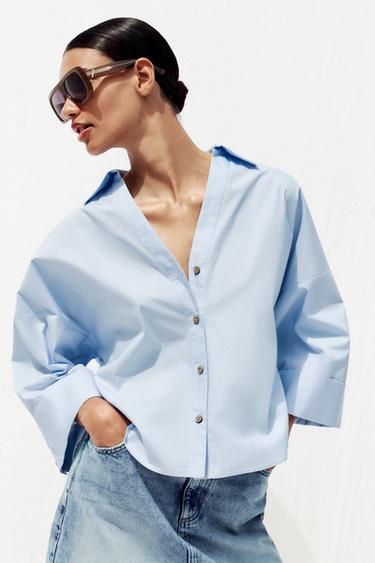CHEMISE EN POPELINE À MANCHES LARGES - Bleu clair de Zara - Image 1