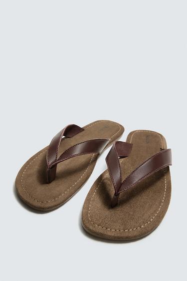 LEATHER STRAPPY SANDALS - Brown by Zara - Image 1