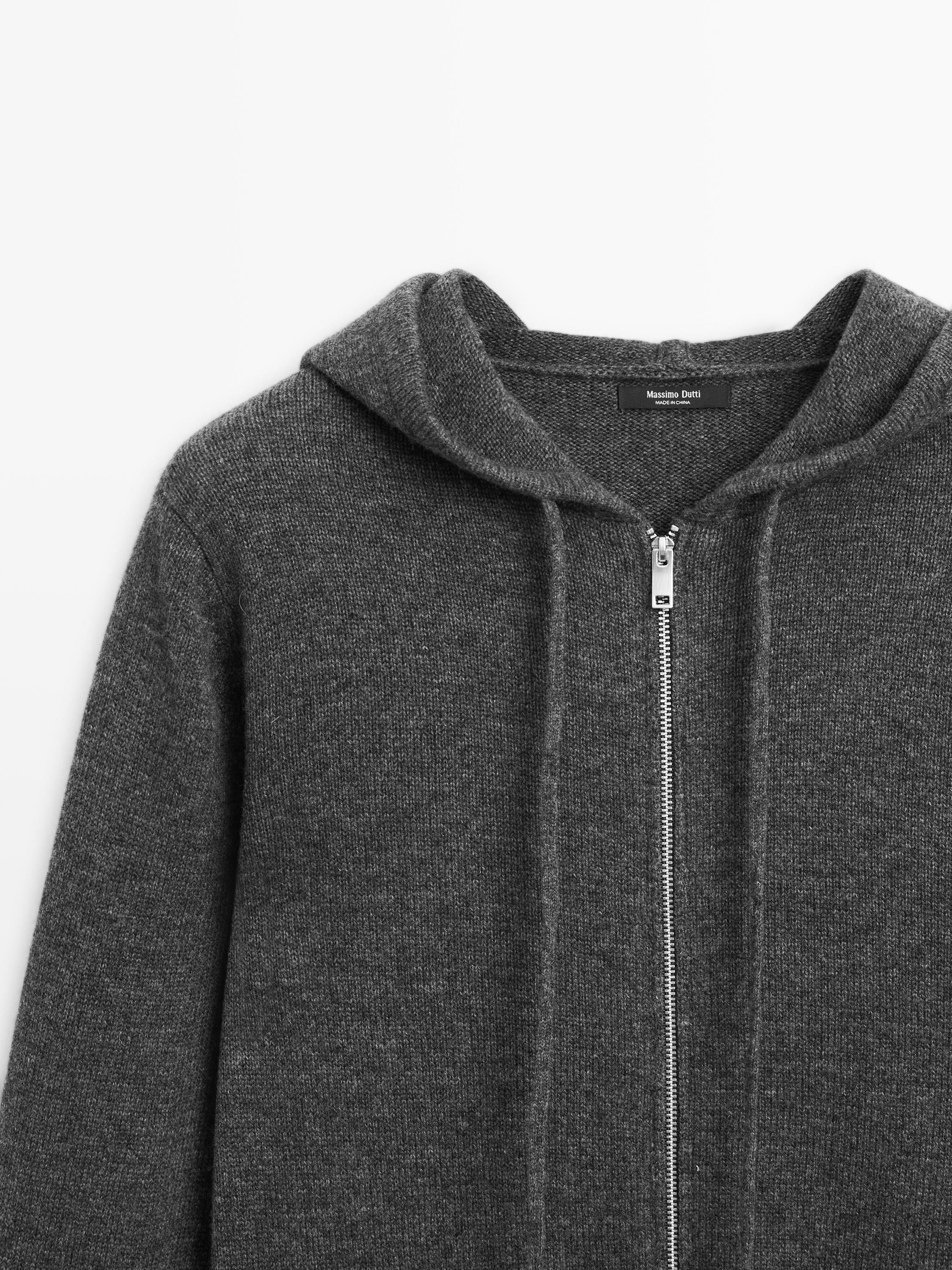 Wool blend zip-up cardigan with hood