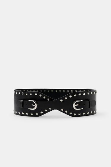 Zara STUDDED LEATHER WAIST BELT - Black