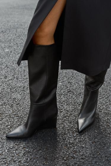 LEATHER WEDGE KNEE-HIGH BOOTS - Black by Zara