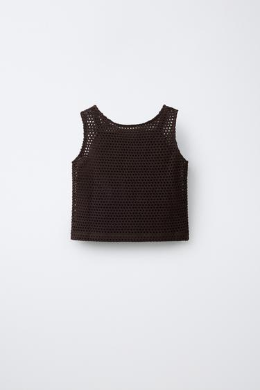 FLORAL CROCHET KNIT TOP - Brown by Zara - Image 1