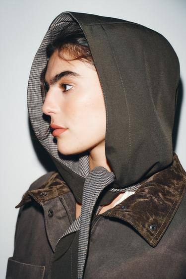 Zara CONTRASTING PLAID HOOD - taupe brown