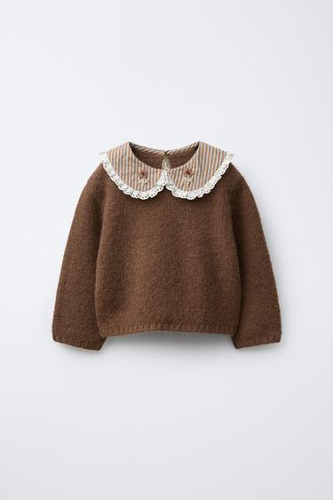STRIPED COLLAR AND FLORAL KNIT SWEATER - Chocolate by Zara