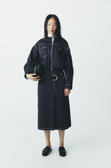 콘트라스트 스티치 벨트 미디 스커트 - Zara 네이비