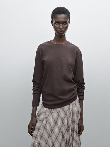 Zara Slim-fit cotton T-shirt with long sleeves - Brown