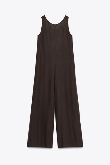Zara ZW COLLECTION LINEN LONG JUMPSUIT - Brown