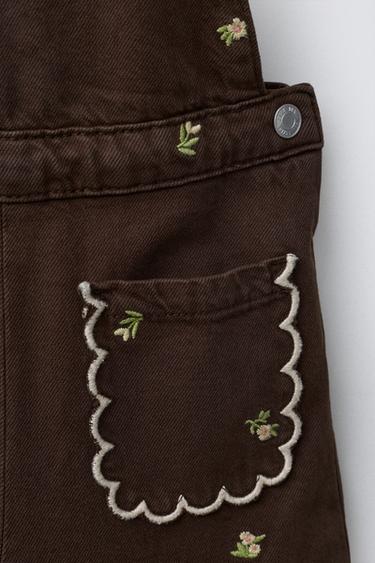 LONG DUNGAREES WITH EMBROIDERED FLOWERS - Brown by Zara - Image 2
