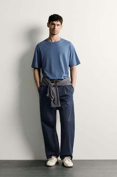 PLEATED STRAIGHT-LEG CHINO TROUSERS - Navy blue by Zara - Image 0