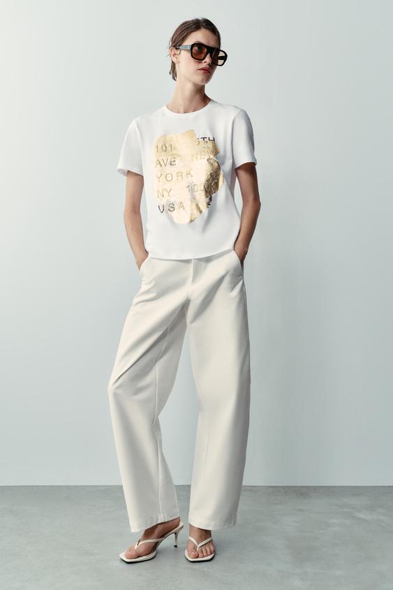 METALLIC SHORT SLEEVE T-SHIRT - Golden by Zara - Image 0