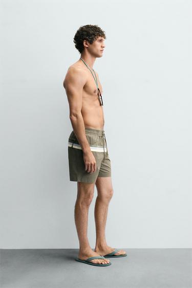 STRIPED LONG SWIMMING TRUNKS - Khaki by Zara - Image 3
