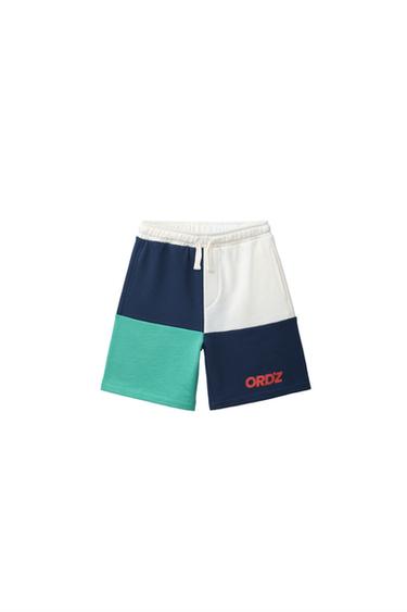 COLOUR BLOCK LOGO PLUSH BERMUDA SHORTS - Blue / Green by Zara