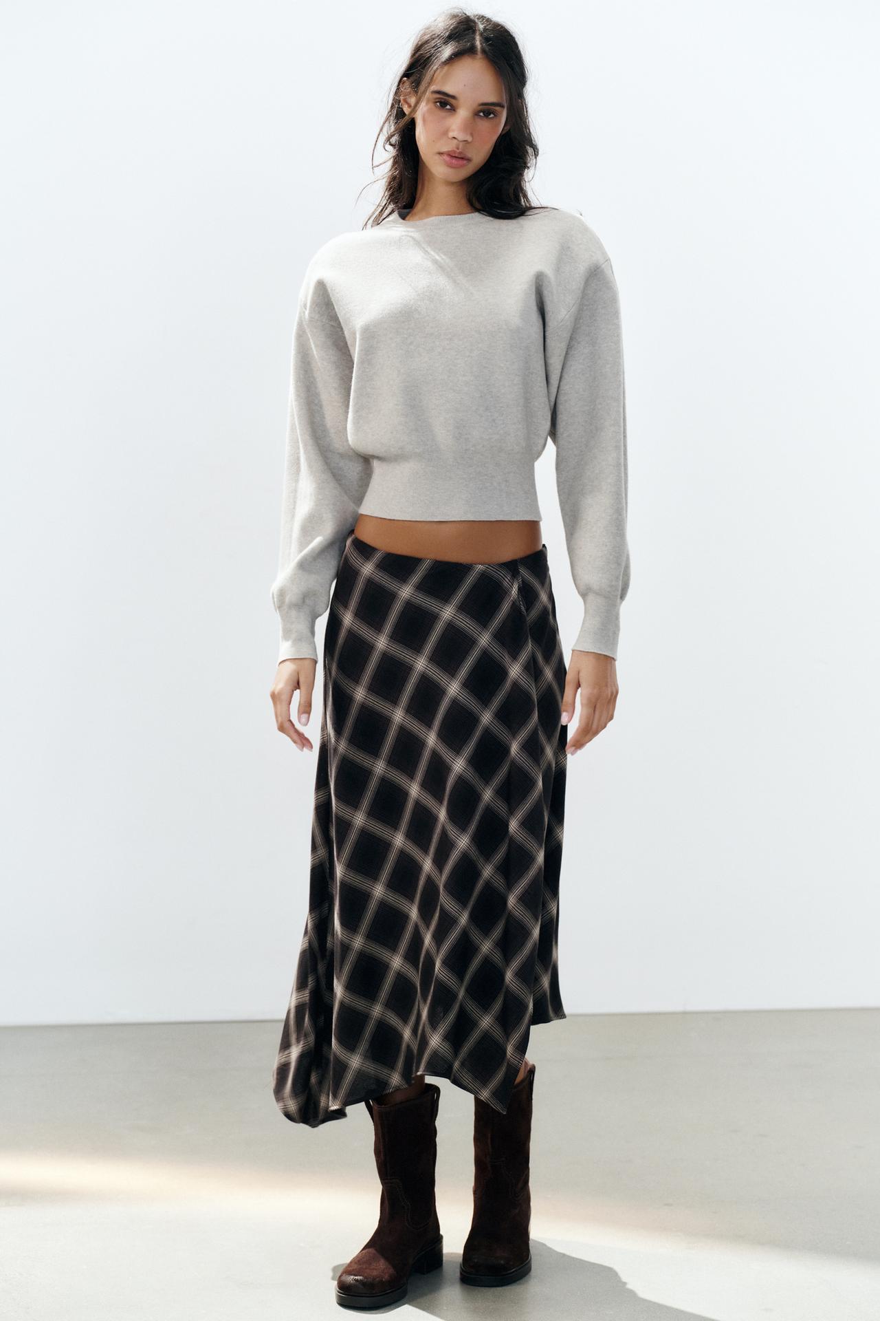 ASYMMETRIC CHECK SKIRT WITH SLIT — Black / Brown