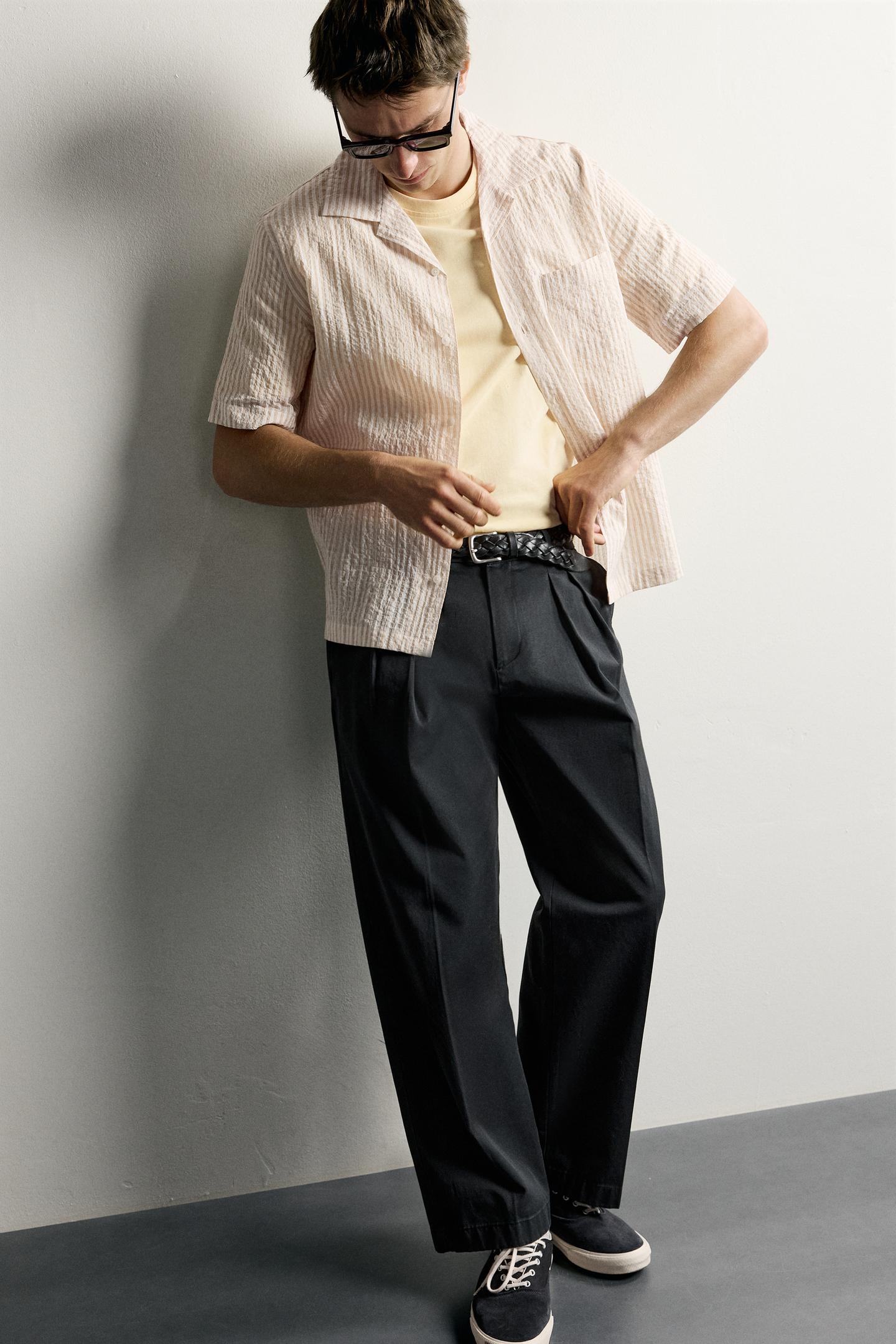 Мужская рубашка Zara Regular Fit Crinkled Striped, цвет: Жёлтый — фото 5