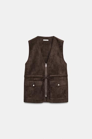FAUX SUEDE WAISTCOAT WITH POCKETS - Chocolate brown by Zara