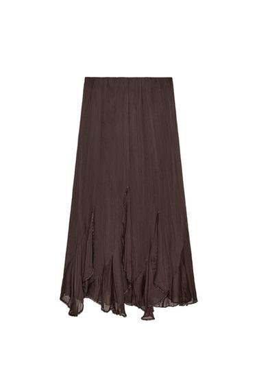 Zara LACE RUFFLED MIDI SKIRT - Brown