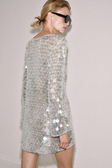 ROBE COURTE EN MAILLE PAILLETTES ET PERLES - Argent de Zara - Image 3