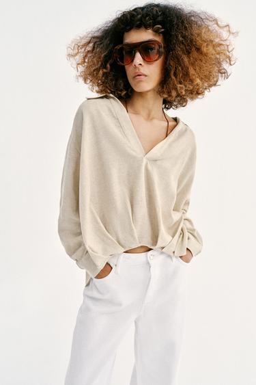 LINEN BLEND SHIRT WITH PUFF HEM - Light beige by Zara - Image 2