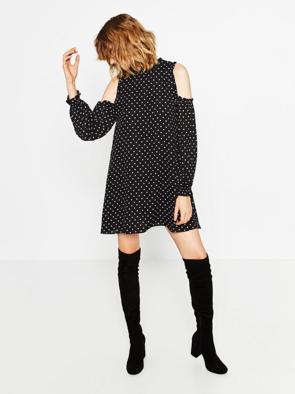 BLACK POLKA DOT COLD SHOULDER MINI DRESS - Image 6