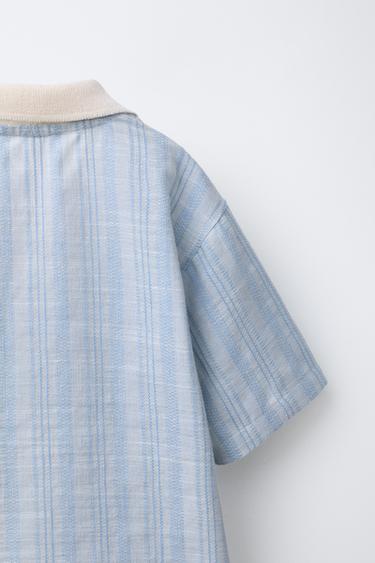 CHEMISE À RAYURES AVEC COTON ET LIN - Bleu de Zara - Image 3