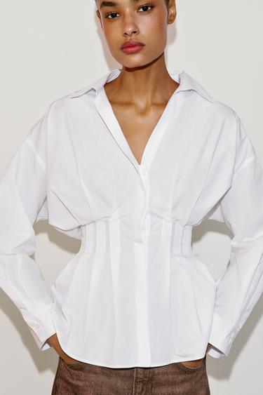 Zara PLEATED POPLIN SHIRT - White