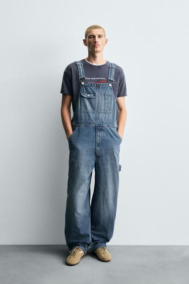 Zara BAGGY FIT DENIM OVERALLS - Light blue